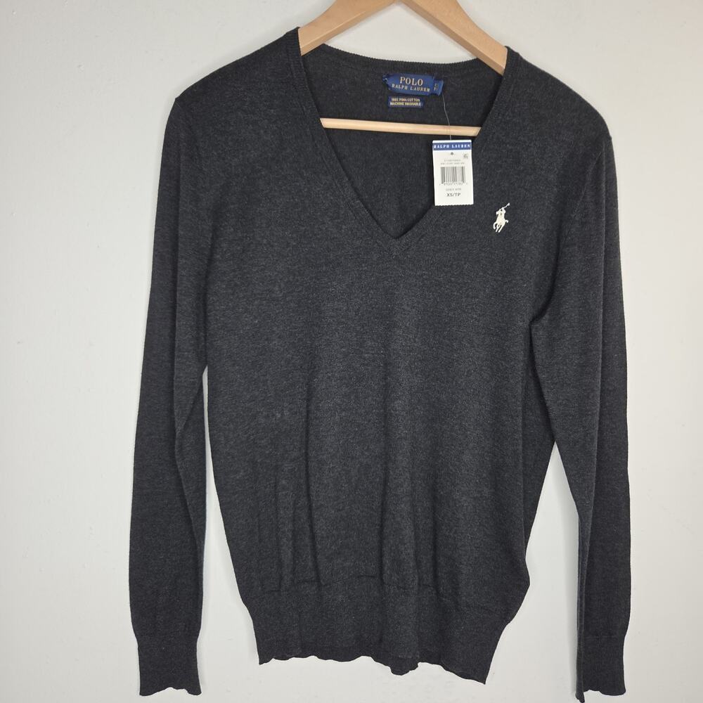 Polo Ralph Lauren Men's Gray Pima Cotton V-Neck Sweater Embroidered Pony Logo XS